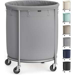 SONGMICS 50.2-Gallon (190 L) Laundry Basket with Wheels, Rolling Round Heavy-Duty Laundry Hamper Cart with Steel Frame and Removable Bag, 2 Locking Wheels, Gray and Metallic Silver URLS001G01