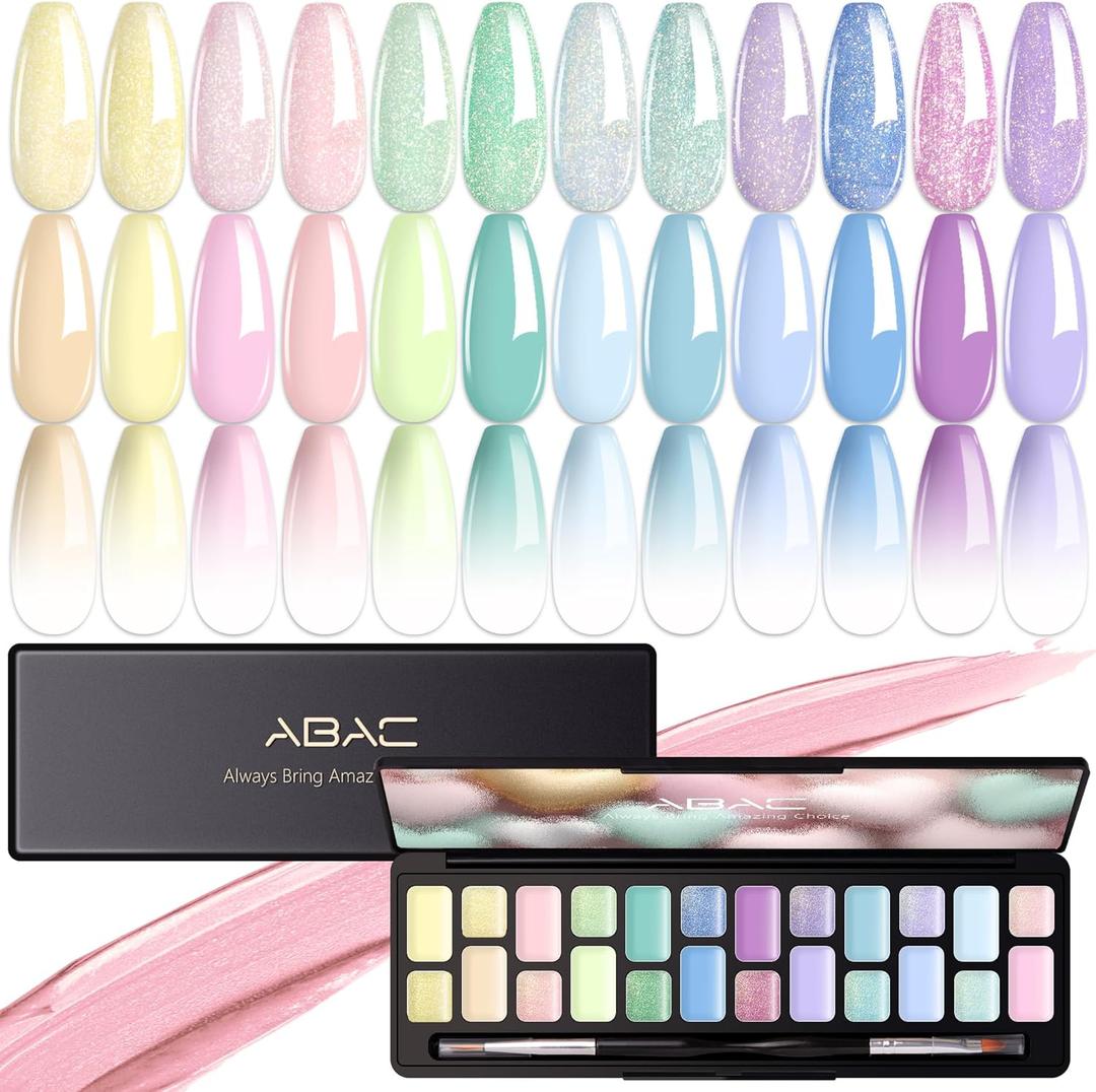 ABAC Pastel Shimmer Solid Gel Nail Polish,Ombre Gel Polish for Pat Painting,Spring&Summer Easter Hema-free 24 Colors Soak Off Gel Polish Kit w/Nail Art Brush for Salon and Nail Art DIY at Home