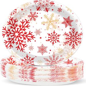 50 Count Christmas Oval Paper Plates Red Snowflake Party Decorations Christmas Red and White Plates 11x9 in Winter Holiday Disposable Cake Tablewares Platters for Xmas Dinner Birthday Supplies