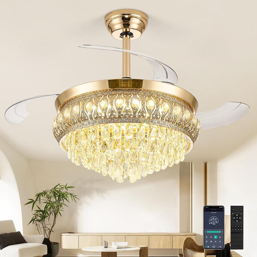 42" Fandelier Ceiling Fan with Light, Crystal Retractable Ceiling Fan with Lights and Remote, Chandelier Fans for Bedroom Living Room, Reversible DC Motor, Dimmable, 6 Speeds -Gold