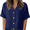 Dokotoo Women's Dressy Casual V Neck Short Sleeve Button Down Shirts Relaxed Work Business Loose Blouses Tops (Blue) L