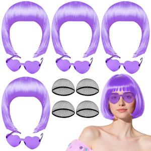 PLULON 4 Pcs Light Purple Bob Wigs with Heart Plastic Sunglasses Hair Cap for Women, Neon Short Bob Wig Colored Funny Cosplay Hair for Women Men Daily Bachelorette Halloween Costume Party Decorations