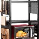 17.4"- 27.4" Expandable Microwave Stand, 3-Tier Heavy Duty Adjustable Height Microwave Oven Rack with 9 Hooks and Cutting Board Holder, Countertop Kitchen Shelf Organizer, Holds up to 180 lbs, Black