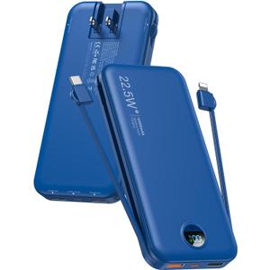 Portable Charger Power Bank, 12000mAh 22.5W USB C Fast Charging with Built-in Cables & Wall Plug, 5-in-1 External Battery Pack with LED Display, Perfect Backup for iPhone, iPad, Samsung Navy