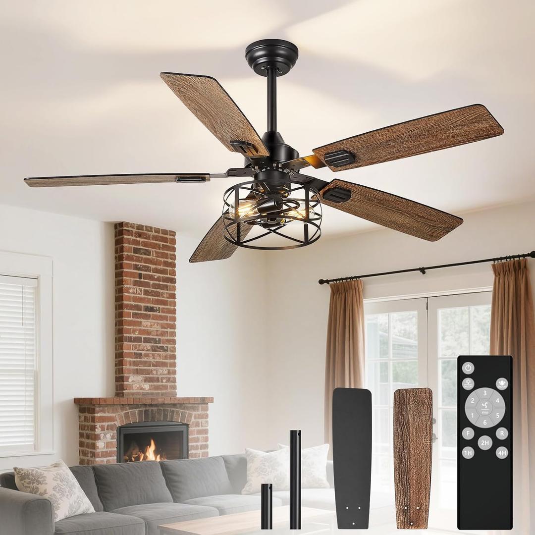 Depuley 52-Inch Ceiling Fans with Lights: Caged Ceiling Fans Dual Finish 5 Blades - Rustic Ceiling Fan with Remote Control for Farmhouse Living Room Outdoor Porch Noiseless (Black Walnut)