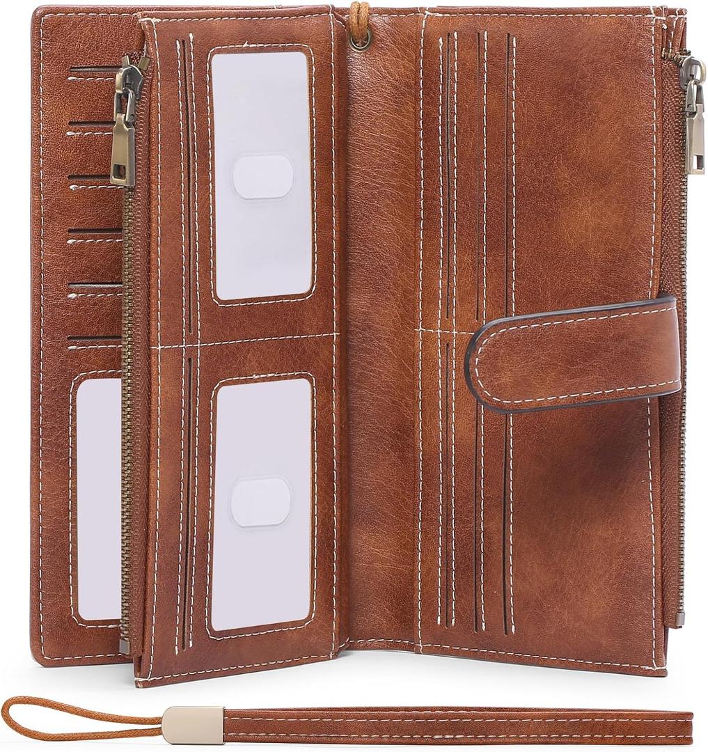 GOIACII Womens Wallets Large Capacity Credit Card Holder Rfid Wallet Women Double Zipper Pocket Leather Bifold Ladies Wristlet Clutch Wallet (A01-Brown)