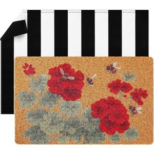 Duraaamo 2 Pcs Geranium Welcome Doormat Red Flower Hello Spring Doormat Black & White Stripe Mat Front Door Decoration with Non-Slip Backing Rug for Housewarming Gift Kitchen Indoor Outdoor