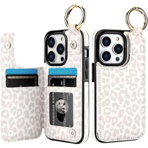 HAOPINSH for iPhone 14 Pro Wallet Case with Card Holder, White Leopard Cheetah Print Back Flip Folio PU Leather Kickstand Card Slots Case, Finger Grip Ring Double Magnetic Clasp Shockproof 6.1"