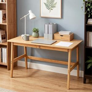 Dicunoy Computer Desk with 2 Drawers, 46" Solid Bamboo Home Office Writing Desk for Small Space, Compact Simple Tables with Gap Design and Hook for PC, Laptop, Students, Study, Makeup, Bedroom, Large