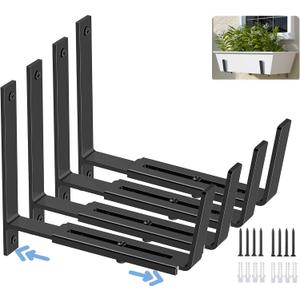 HFHOME 4 PCS Adjustable Planter Box Brackets (6 to 12.5 in), Universal Window Box Brackets, Heavy Duty Metal Flower Box Wall Mounting Hooks for Balcony, Fences, Patio, and Garden - Black