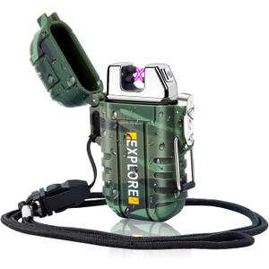 LcFun Waterproof Electric Dual Arc Lighter USB Rechargeable Outdoor Windproof Flameless Plasma Lighters for Camping, Hiking, Adventure, Survival Tactical Gear Stocking Stuffers Gifts for Men (Green Camouflage (Without Whistle))