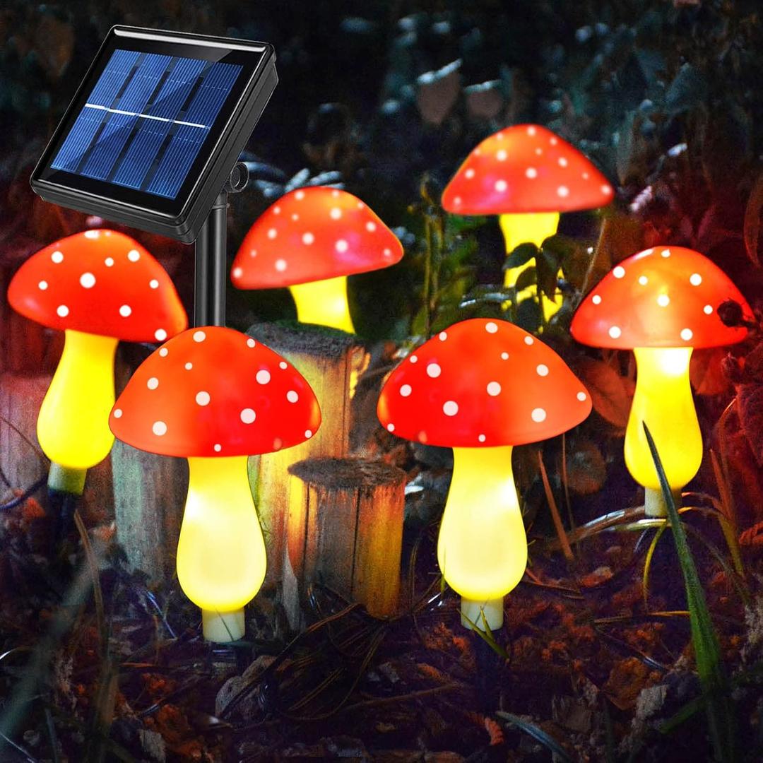 New Upgraded Waterproof Solar Mushroom Lights Outdoor Decor, 8 Modes for Garden Pathway Landscape Yard Easter Pathway Halloween Xmas Decorations, Set of 6 Red