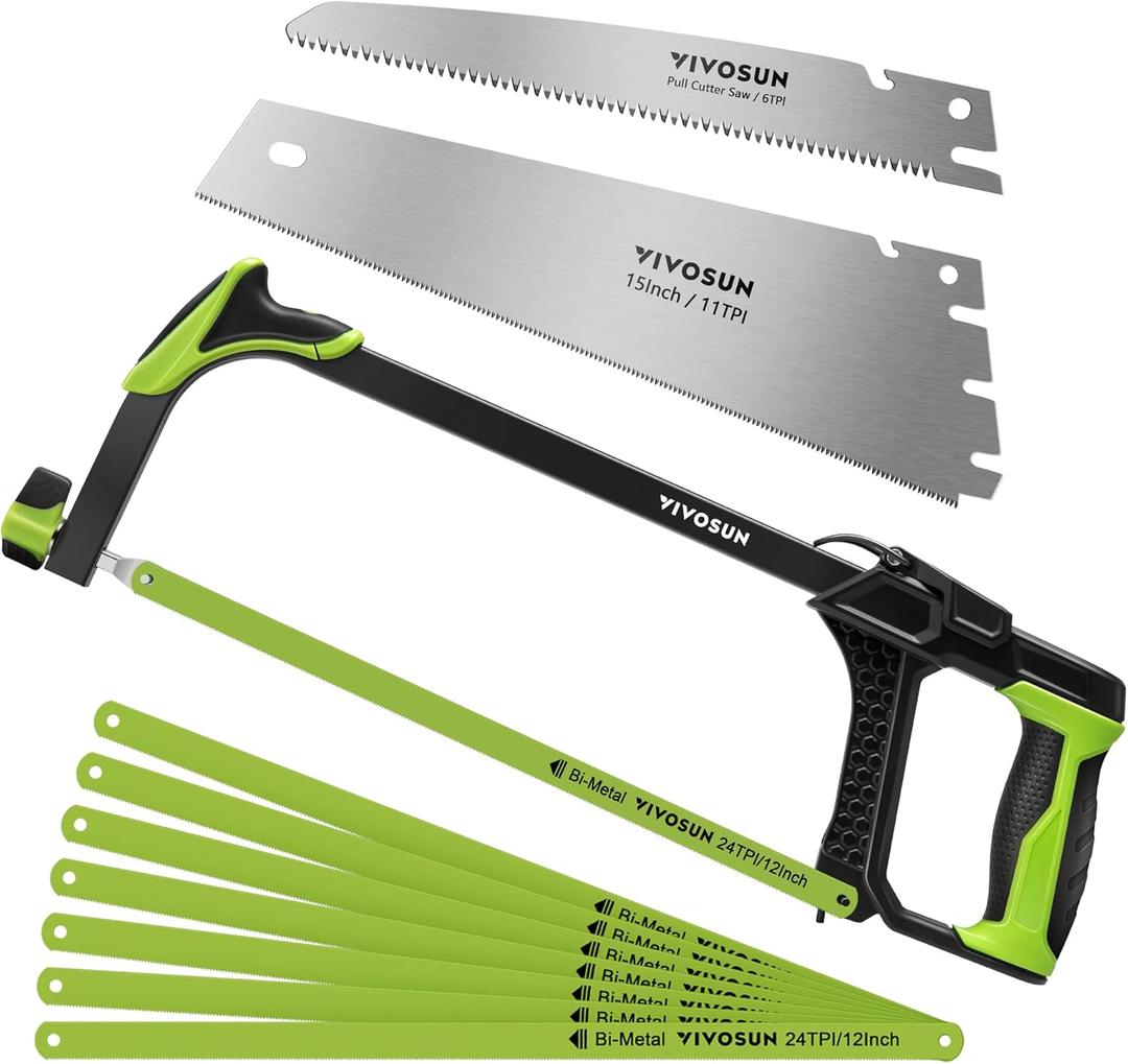 VIVOSUN 3-In-1 Hacksaw Set with 15 Hand Saw Blade, 10 Pruning Saw Blade, & 8Pcs 12 Bi-Metal Hacksaw Blades, Universal Hacksaw for Cutting Metal, Wood, PVC