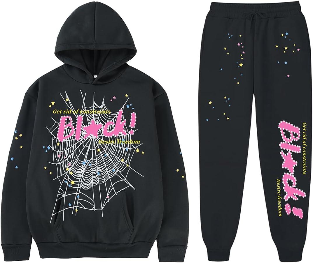 Y2K Hoodie Set Cobweb Spider Style Hoodie Pant Casual Tracksuit Long Sleeve Athletic Suit (X-Large, Black)