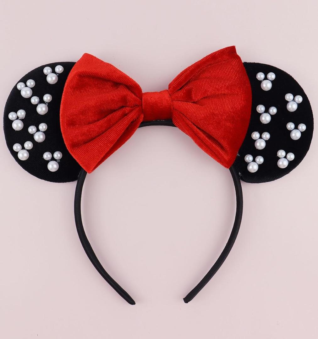 Mouse Ears Headband with Pearl, Black and Red Velvet Mouse Headbands for Halloween Costume Party, Hair Accessories for Women -Black&Red Pearl