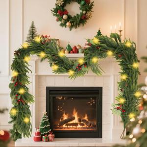 9FT Garland with 7 Modes LED Light, 9 True Pinecones&Red Cones&Eucalyptus Leaves, Norfolk Pine Garlands for Festivals Day, Wall, Indoor, Outdoor Holiday Winter Decorations