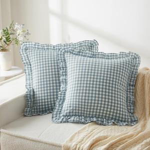 KKJIAF Ruffle Gingham Pillow Covers 26 x 26 Inches, Cotton Plaid Throw Pillow Shams Set of 2, Linen Feel Ruffled Plaid Pillow Cases with Envelope Closure for Sofa Bed (Dusty Blue Plaid)