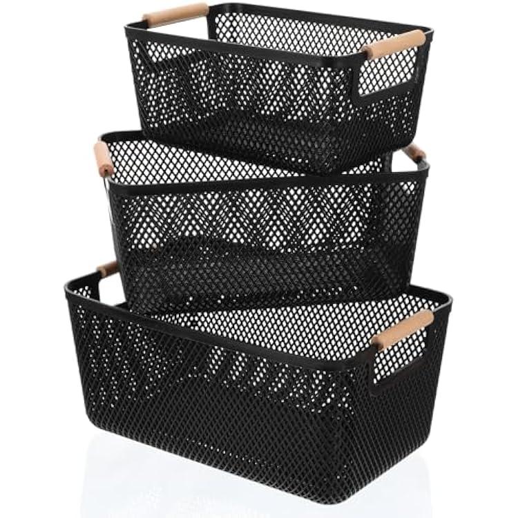 Ziliny 3 Pack Plastic Mesh Basket with Wooden Handles - PP Material Hanging Storage Organizer Container Bins for Organizing Cabinet Pantry Bathroom Kitchen Fridge Fruit Makeup Snacks Gifts(Black)