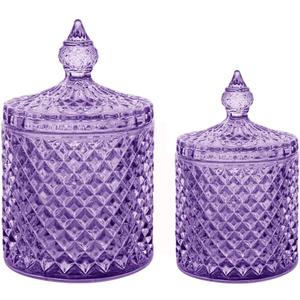 R FLORY 2 Pack Qtip Holder Glass Apothecary Jars with Lids Bathroom Storage Organizer for Cotton Swabs, Balls, Pads, Floss Picks, Vanity Storage Containers for Makeup, Candy, Jewelry (10+24oz, Purple and White)
