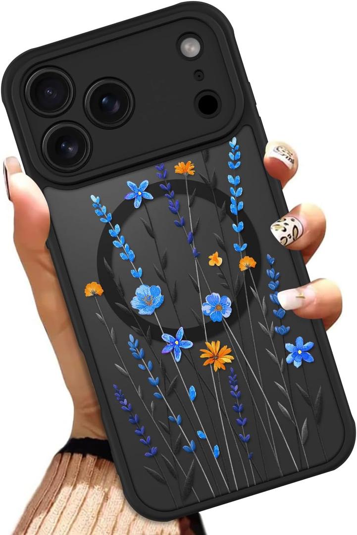 OOK Case for iPhone 17 Pro Max 6.9 Inch (Compatible with MagSafe) Blue Flowers Cute Floral Translucent Phone Cover Soft TPU + Hard PC Anti-Scratch Shockproof Magnetic Case for Women