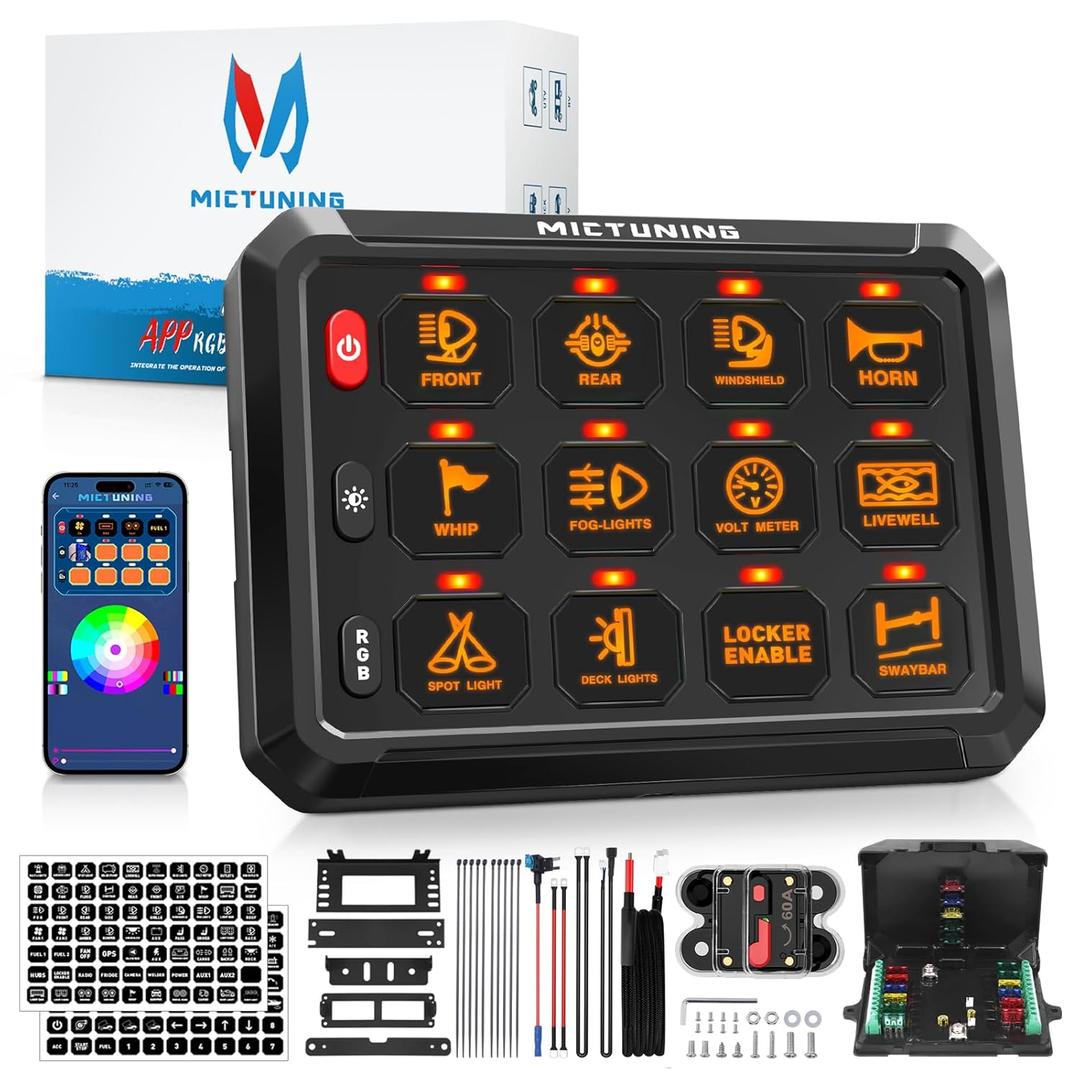 MICTUNING RGB 12 Gang Switch Panel with APP Control, High Power 6 Level Brightness Multifunction Toggle Strobe Momentary Pulse Circuit Control Relay System Box for Car, 