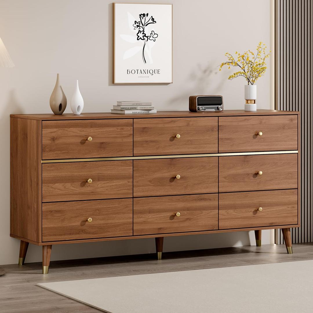 9 Drawer Dresser,63" Wide Mid Century Modern Chest of Drawers,Wooden Bedroom Drawer Dresser with 9 Storage Drawers for Bedroom, Living Room,with Anti-Tipping Device,Walnuts