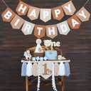 Bear First Brown Felt Happy Birthday High Chair Banner Pre-strung Birthday Hanging Decoration With Birthday Hat One Cake Topper For 1st Birthday Party Decor (blue gray brown white)