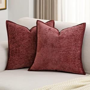 FUTEI Burgundy Chenille Throw Pillow Covers 24x24 Inch Set of 2, Soft Cozy Bound Edge Design European Cushion Cover, Home Decor for Couch Bed Living Room