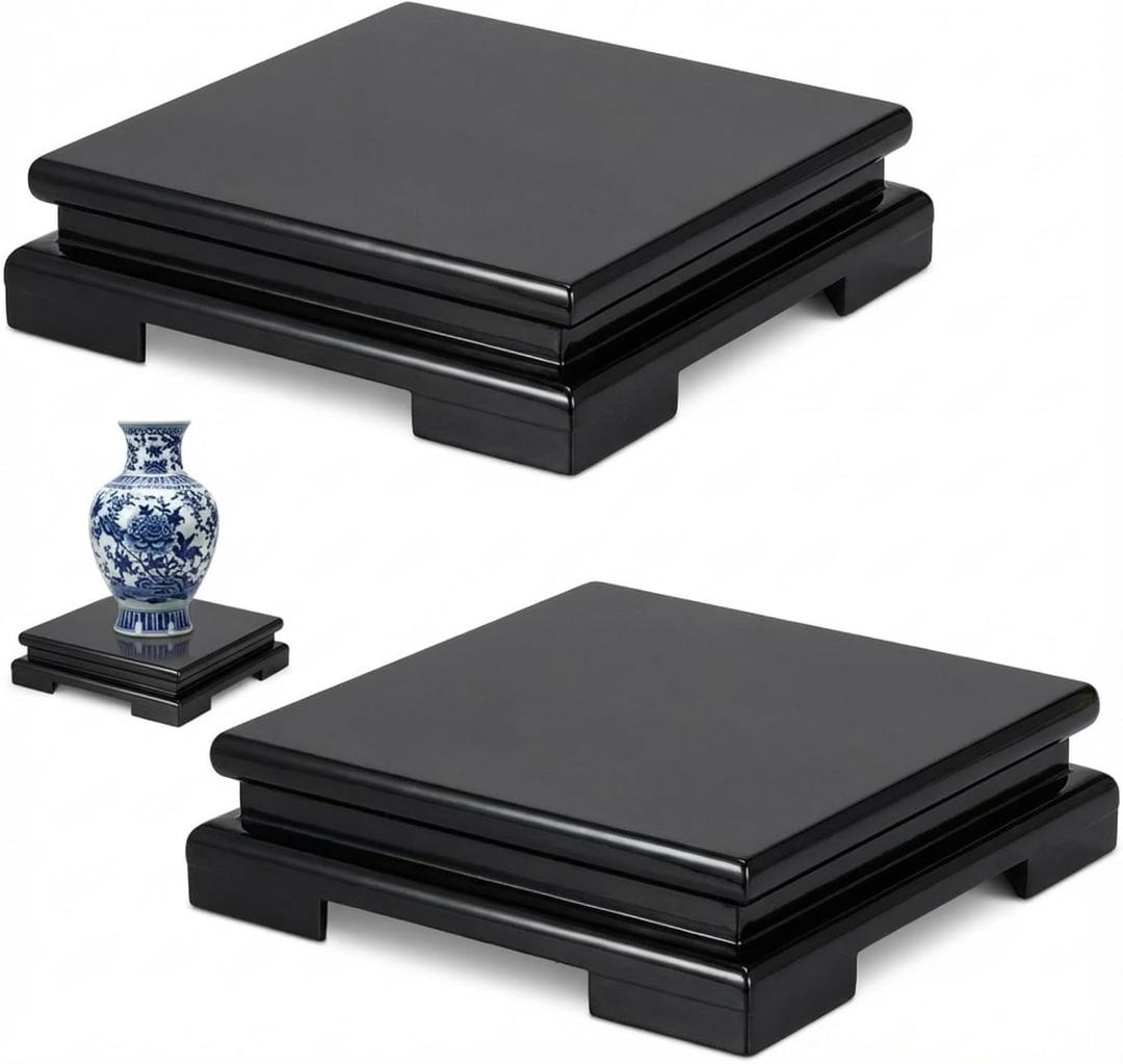 Chunful 2 Pcs Square Wooden Display Stand 6.7 x 6.7 x 2 Inch Wood Vase Display Base Black Pedestal Stand Square Vase Riser for Vases Teapot Trophy Collectibles Aquarium Lamp Home Decoration