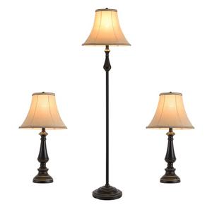 Smeike Vintage 3-Piece Table and Floor Lamp Sets with Brown Fabric Shades