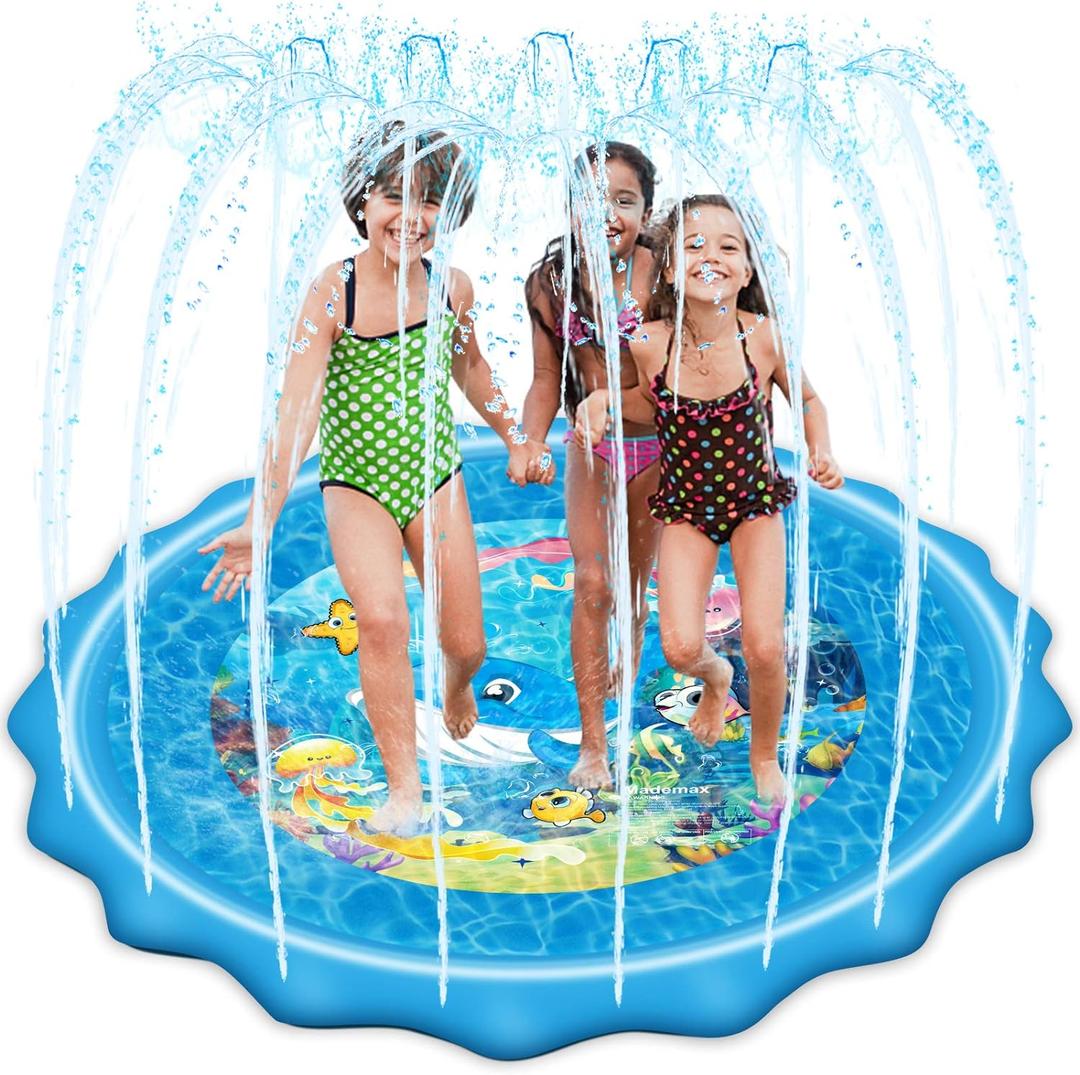 Mademax Upgraded 67" Splash Pad, Sprinkler & Splash Play Mat, Inflatable Summer Outdoor Sprinkler Pad Water Toys Fun for Children, Infants, Toddlers, Boys, Girls and Kids (Blue)