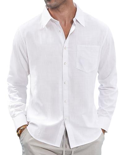 J.VER Men's Long Sleeve Cotton Linen Button Down Shirts Casual Beach Wedding Shirt with Pocket White Small