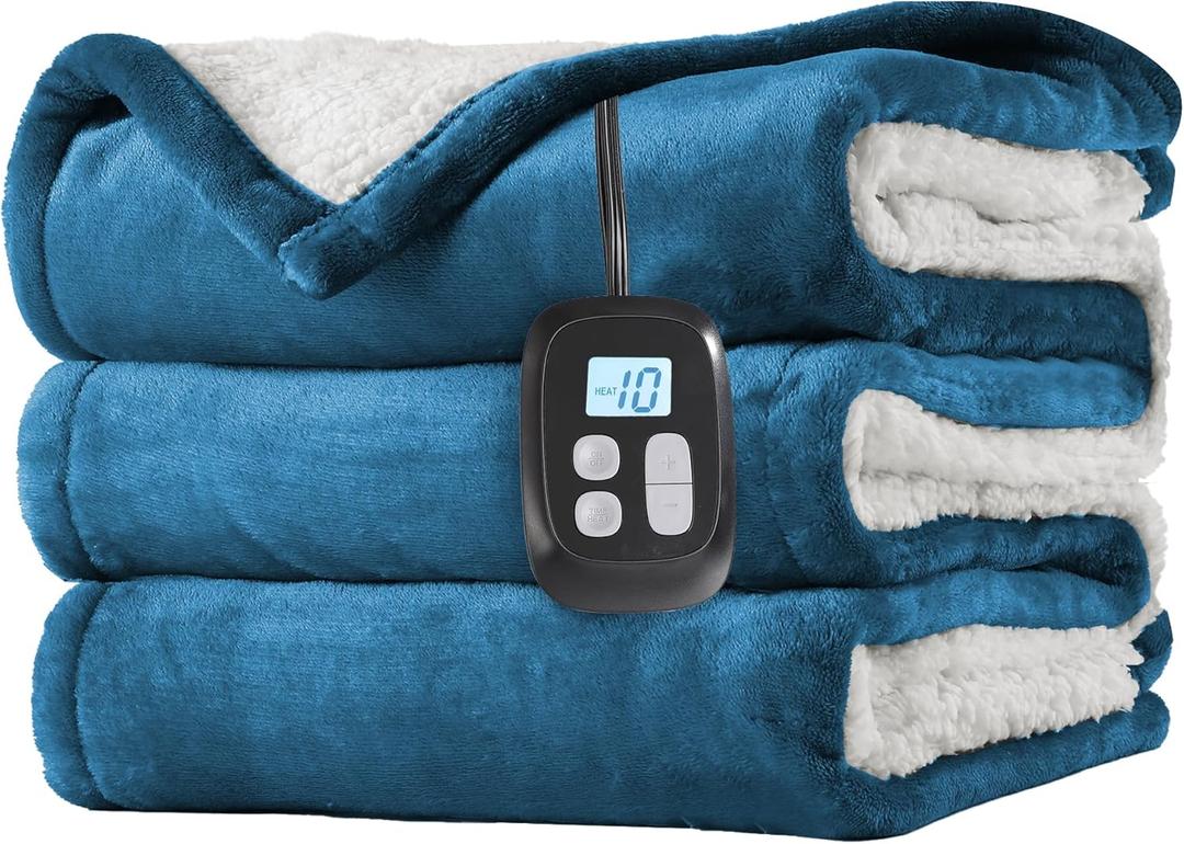 LaffyLo Electric Heated Blanket Full Size 72 x 84, Fast Heating Blanket, Dual-Sided Flannel Sherpa, 10 Heat Settings, 1-12 Hour Auto Off, Machine Washable, Lake Blue