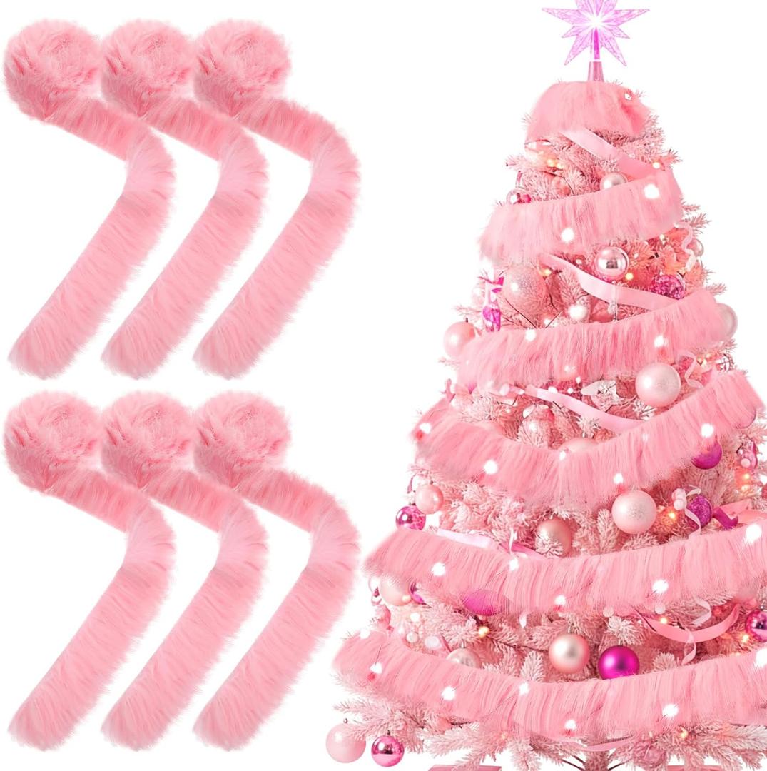 Chuangdi 6 Pcs 35 ft Pink Christmas Garland with Lights for Xmas Tree Decorations Pink Faux Fur Fabric Decor Christmas Tree Hanging Garland Faux Feather Decor for Holiday Indoor Outdoor Party Supplies