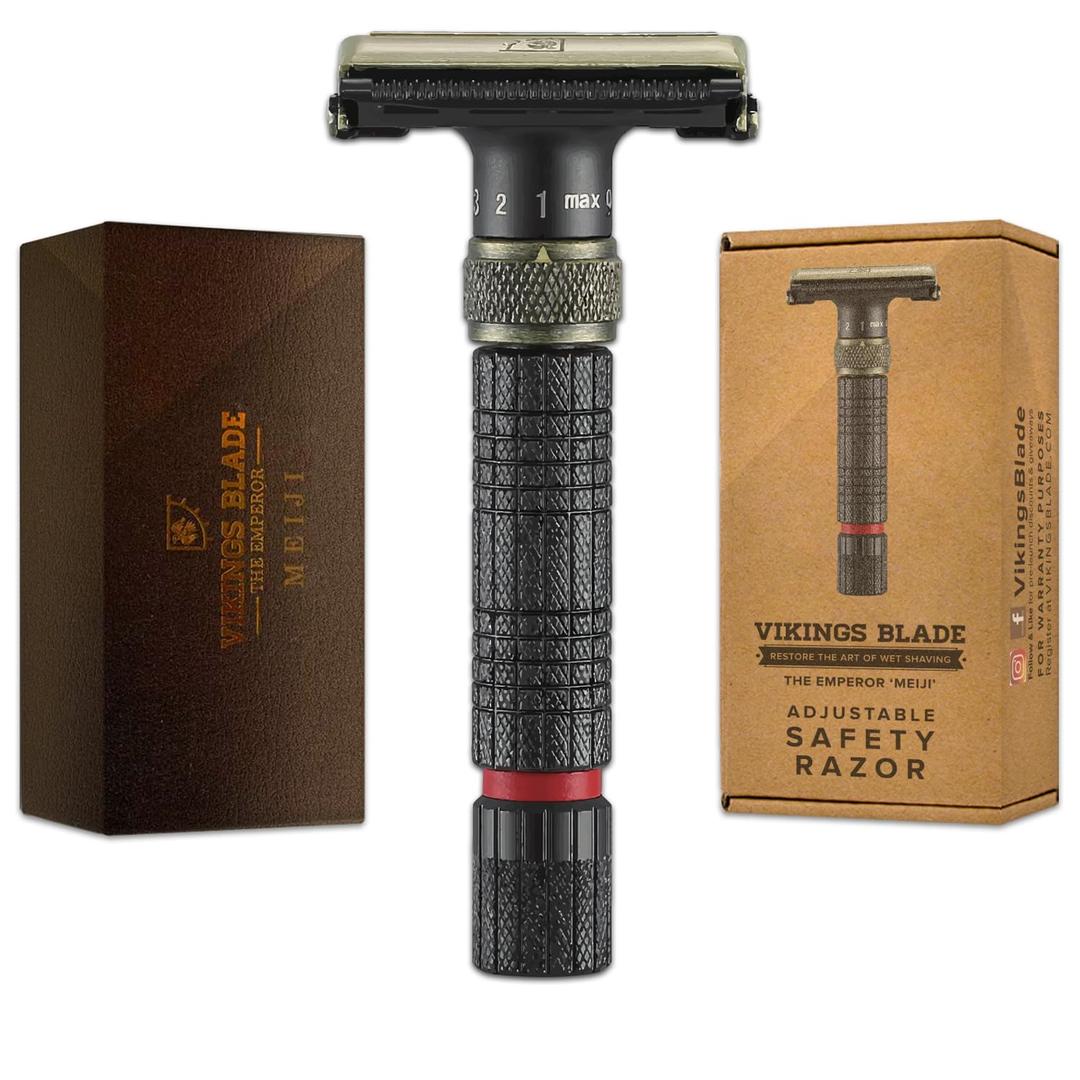VIKINGS BLADE Adjustable Double Edge Safety Razor + Luxury Case. Smooth, Reusable, Eco-Friendly (The Emperor Meiji)