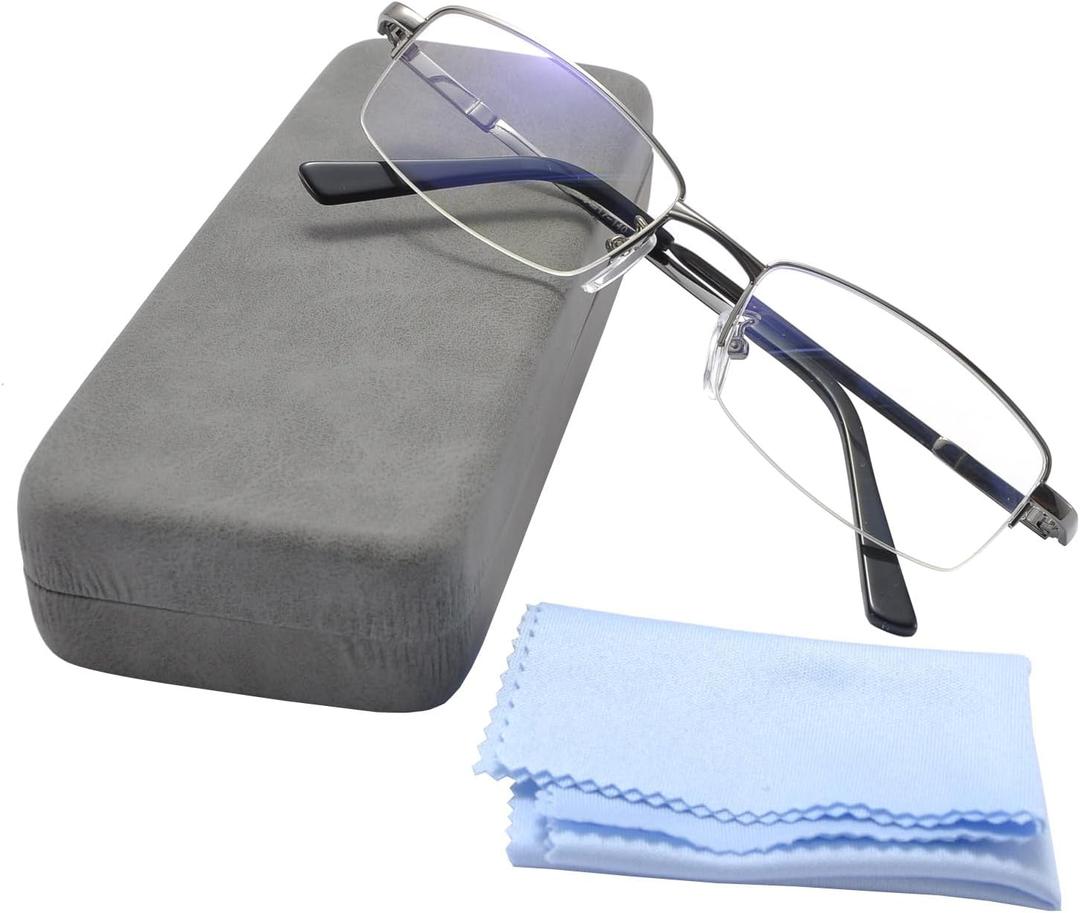 Computer Blue Light Blocking Glasses For Men And Women Computer Gaming Glasses Metal Half Frame Clear Lens (Grey Frame Glasses + Grey Eyeglass Case) Different Case