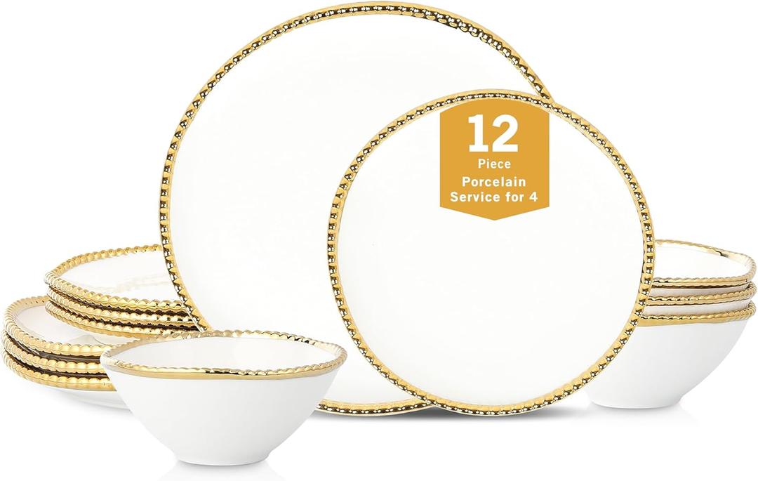 Christian Siriano Akoya Porcelain Dinnerware Set, 12-Piece - Dish Set for 4, Plates and Bowls Set, White and Gold