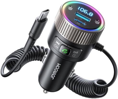 Bluetooth 5.4 FM Transmitter Car Adapter for iPhone 17, [60W PD 3.0] Fast Charger with Type C Coiled Cable, Cigarette Lighter USB Adapter for iPhone 16/15/14/13/12 Series/Android, Hands-Free Calling