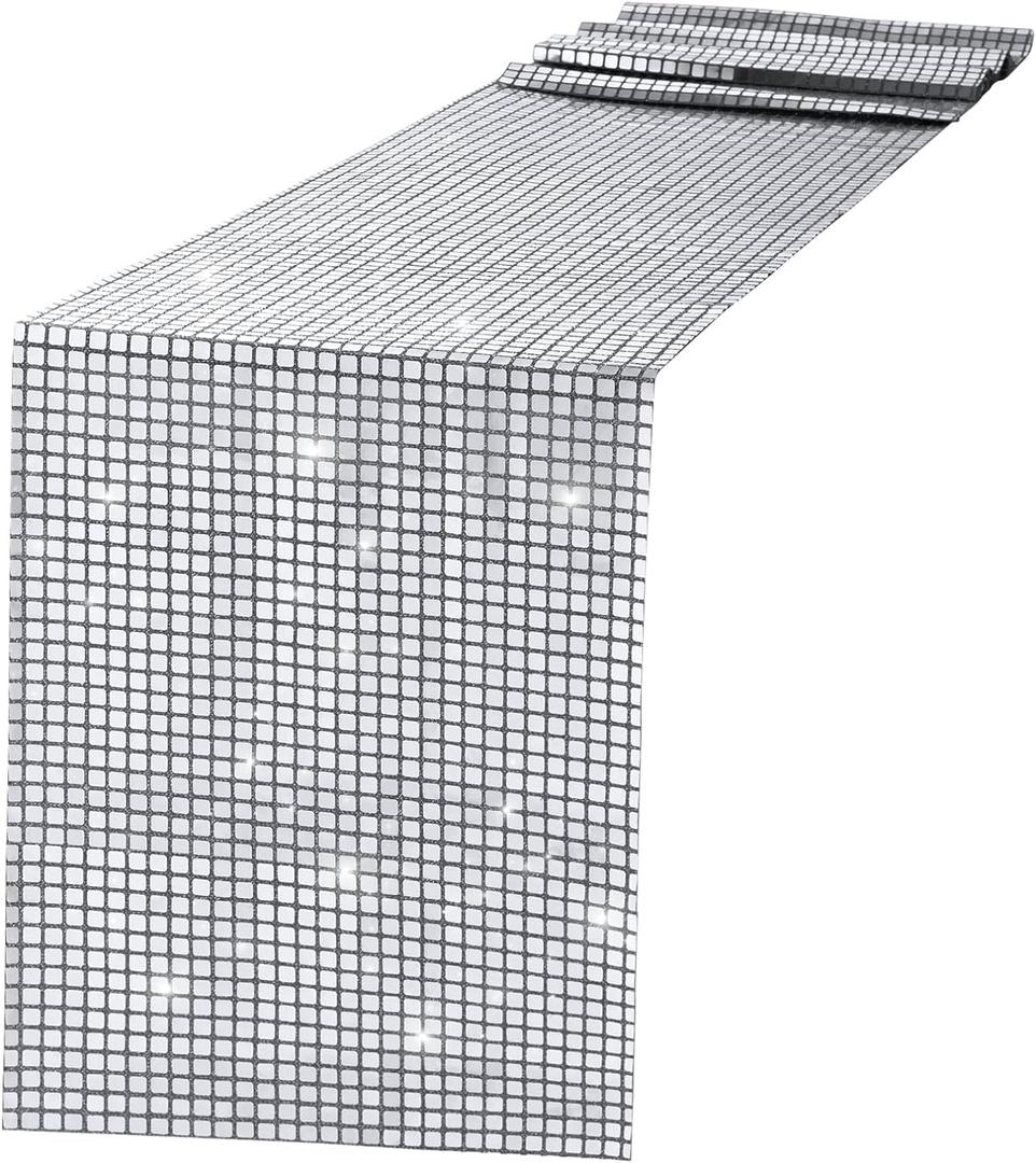 2 Pcs 12 x 72 Inches Glitter Table Runner Cover Decoration Silver Sparkle Sequin Tablecloth for 80s Disco Dance Party Bachelorette Supplies Wedding Decor