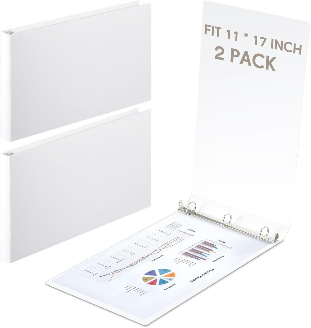 2 Pcs 11 x 17 Inch 3 Ring Binders 1 Inch Rings Heavy Duty View D Ring Binders Economy Holds 11" x 17" Paper for Artwork Blueprints, Office, Home, Work Places(White)