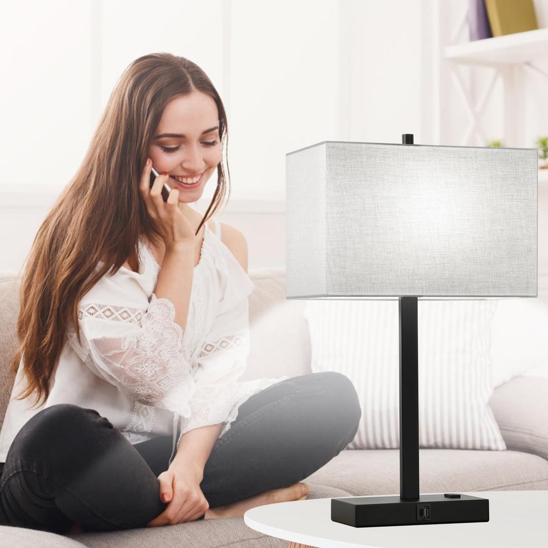 21" Touch Bedside lamps with 2 USB & AC Outlets, 3-Way Dimmable Bedside Table Lamp Set for Bedroom Living Room Office Reading, Gray Shade Lamps for Night Stands Has Damage