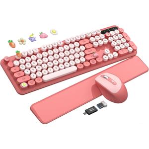 Wireless Keyboard and Mouse - Cute Round Keycaps, Detachable Wrist Rest, Full-Size Retro Typewriter Keyboard with Tilt Legs, 2.4G Wireless Combo for Women, PC, Laptop, Windows - Trueque (Blush Pink)