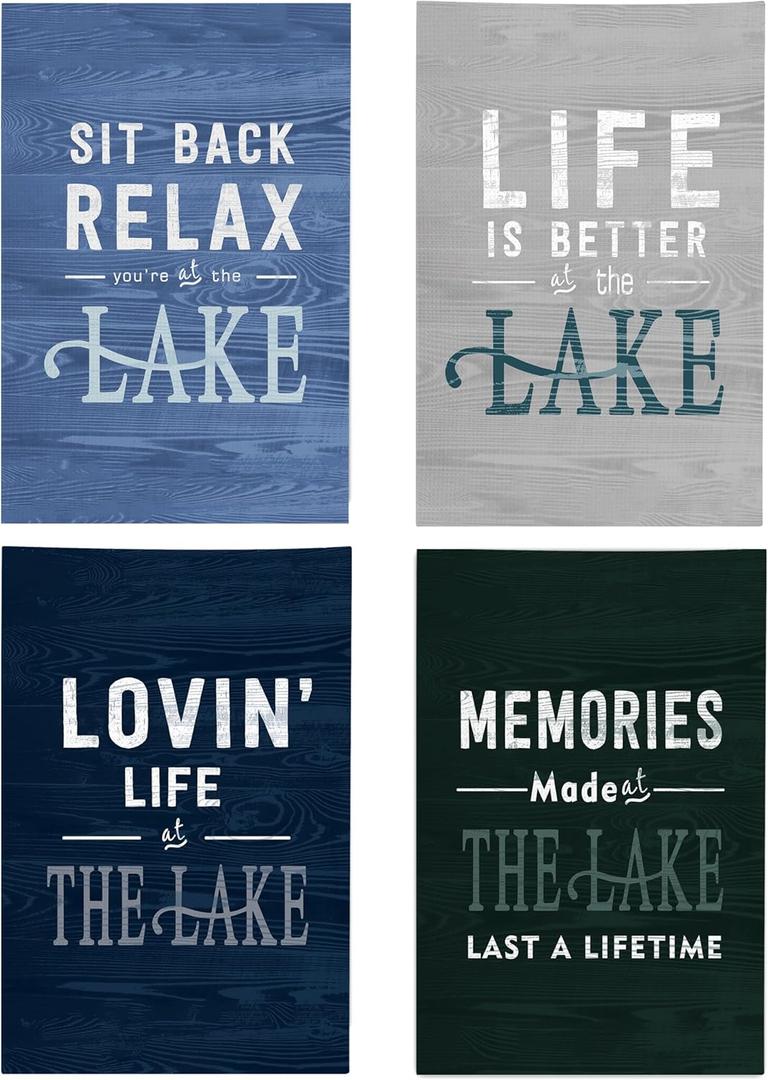 Kunlisa Black Blue Lake Kitchen Towels Lake House Decor, Life is Better at The Lake Beach Decorative Hand Towels for Bathroom, Lake House Life Gifts for Women, 16×24 Inch, Set of 4