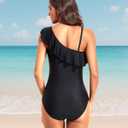 Tempt Me Women One Piece Swimsuits Tummy Control One Shoulder Bathing Suits Ruffle Swimwear (Black, M)
