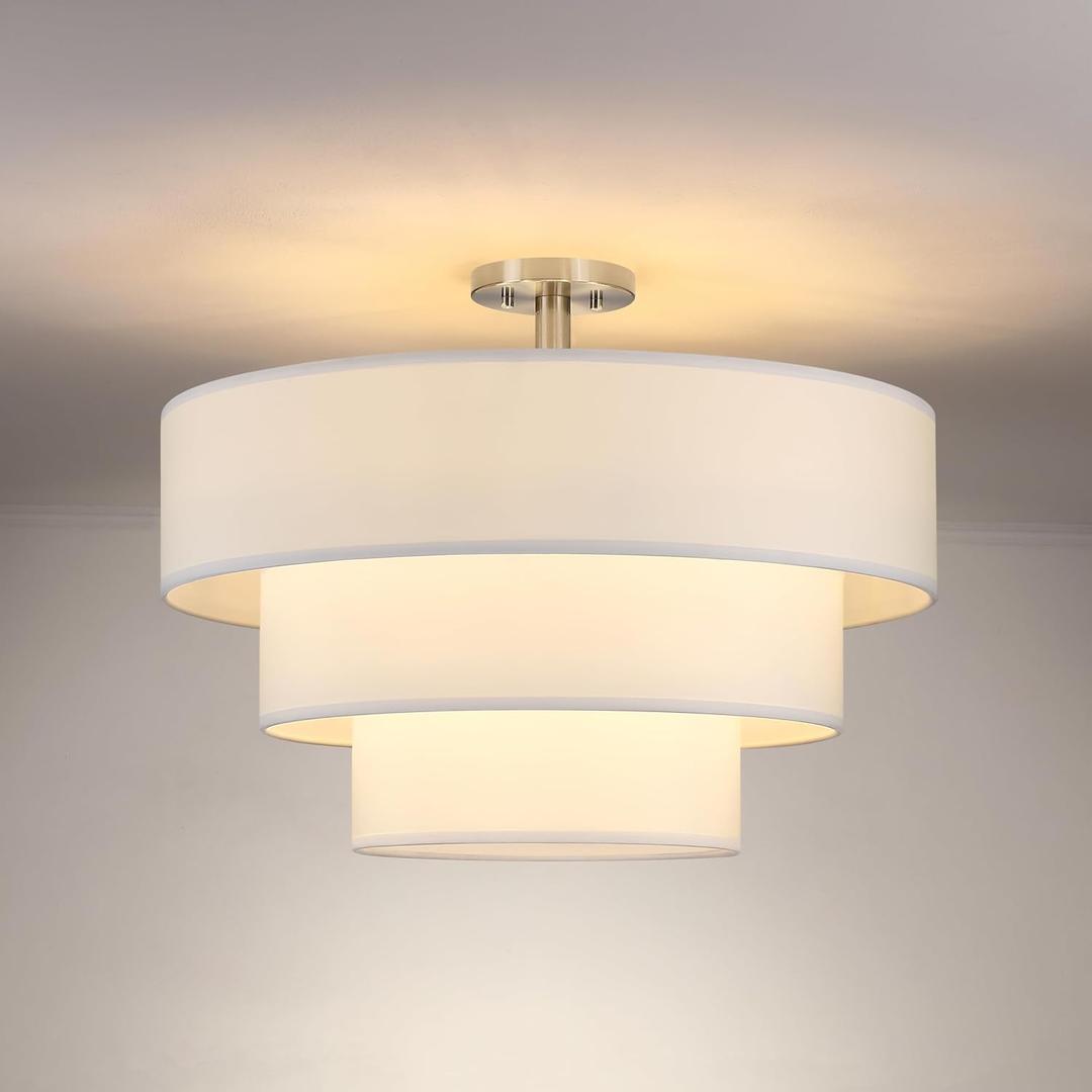 24" 3 Tier Linen Drum Fabric Modern Farmhouse Semi Flush Mount Light