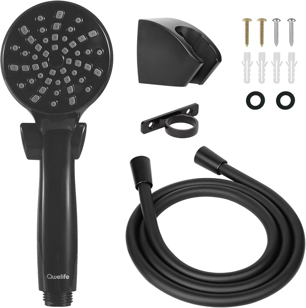 RV Shower Head with Hose and On Off Switch (Trickle), Water Saving High Pressure Shower Head with Hose Guide Ring, Shower Holder for RV, Camper, Van, Travel Trailer, Motorhome, Boat, Black