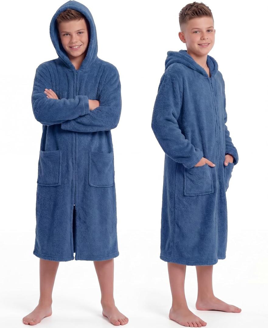 Cutecrop Kids Bath Hooded Towel Robe Soft Absorbent Swim Poncho Parka with Pocket Coral Fleece Zipper Towel Hoodie Beach Surf Change Robe Wearable Blanket for Boy Girl Pool Home Outerwear (Navy Blue, One Size)