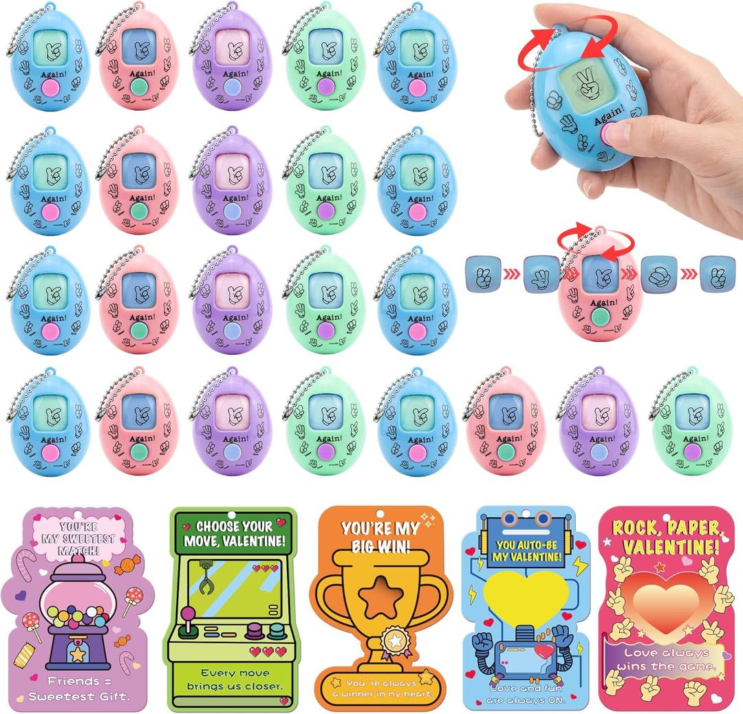 Valentines Day Cards for Kids School  30 Pack Rock Paper Scissors Spinner Eggs Toys With Keychain & Valentines Greeting Cards, Classroom Exchange Valentines Gifts, Bulk Set for School Party