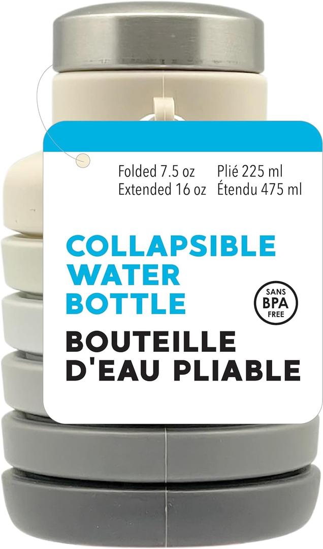 Jacent Collapsible Water Bottle, BPA-Free Silicone, 7.5-16 oz Capacity, with Clips for Backpack, Dishwasher Safe