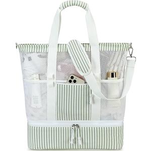 Bluboon Mesh Beach Tote Bag with Cooler Compartment Insulated Detachable Picnic Bag with Zipper and Pocket Pool Bag for Women (A-brown White Grid)